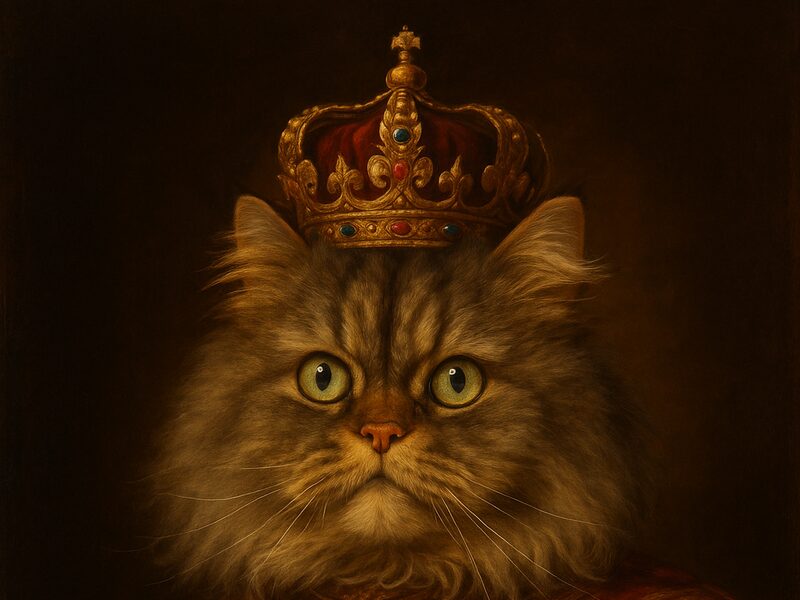 The same Persian cat as a royal portrait wearing a jewelled crown