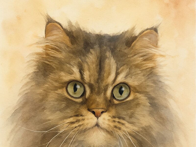 The same Persian cat as a soft watercolour portrait